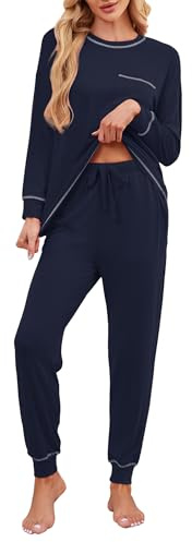 Namatime Pigiama da donna lungo in cotone, set completo di biancheria da notte, maglietta a maniche lunghe e pantaloni con tasche, Blu scuro, L