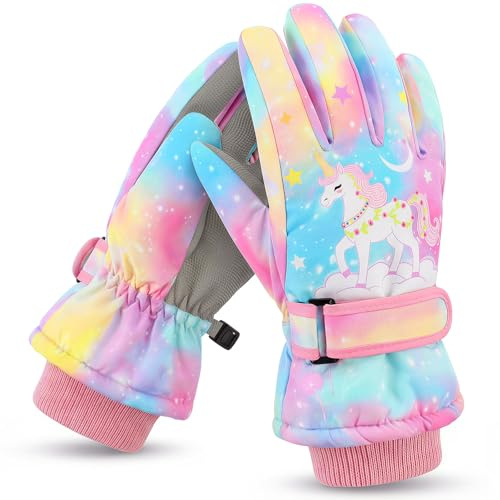 Qyeimpr Kids Winter Snow Gloves, Girls Waterproof Ski Insulated Gloves with Thick Fleece Lining & Grips, Touchscreen-Compatible, Windproof Warm for Snowboarding, Sledding & Cold Weather (AA)