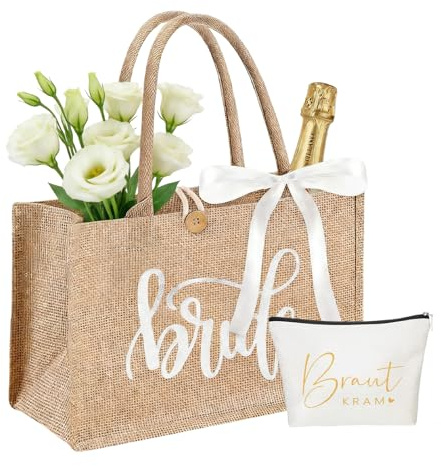 PORFOYO 2 borse da sposa in iuta da sposa, set regalo da sposa in iuta 35 x 13 x 25 cm, biglietto estetico porta 1 borsa per cosmetici, borsa per la spesa per decorazioni e regali