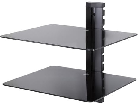 AVF AV Accessory Shelf Black - Tempered Glass AV Shelves 38cm Wide x 28cm Deep Under TV Storage, Safety Glass, Black Cable Management (Two Shelf)