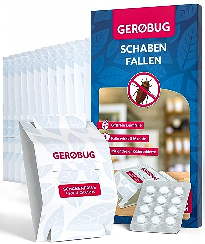 Gerobug Schabenfalle 12 STK. inkl. Ködertabletten - Kakerlakenfalle zur Befallsermittlung von Schaben in Allen Wohnräumen - Mit Ebook mit Tipps zur Schaben-Vertreibung