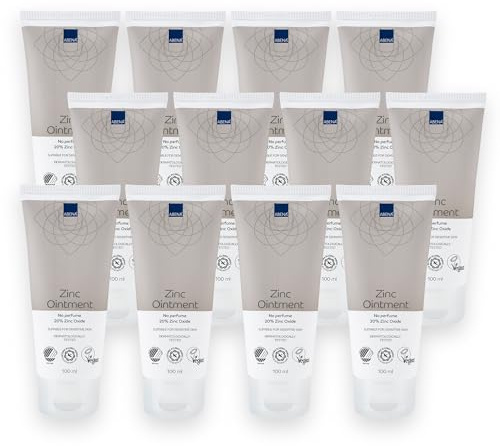 ABENA Zinksalbe 100ml, 12 PACK, Schutzcreme mit Barriereeffekt für die Haut mit 20% Zinkoxid, beruhigend & schnell einziehend, Frei von Duftstoffen & sanft, Dermatologisch getestet