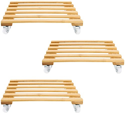 Jucoan 3 Pack 30 cm Plant Caddy Square, Bamboo Plant Pot Caddy with Wheels, Mobile Flower Pot Mover Roller, Heavy Duty Plant Pot Pallet Dolly for Indoor Outdoor Patio, Holds up to 100 Lbs