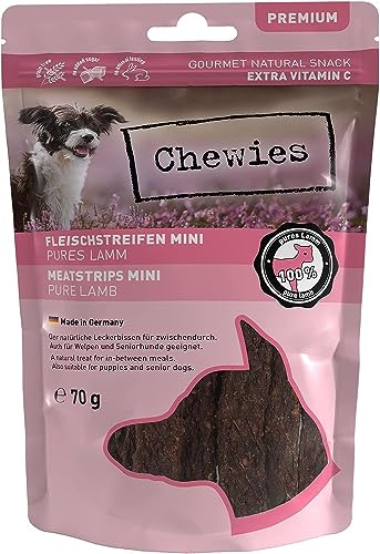 Chewies Fleischstreifen Mini aus 100% Lamm - 70 g - Fleischstreifen für Hunde - getrocknete Lammfleisch Kaustreifen - hypoallergen & getreidefrei - Dörrfleisch vom Lamm