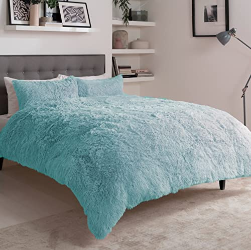 L S U Teddy Bear Hug & Snug Shaggy Duvet Cover Set Warm Fleece Christmas Bedding Set (Duck Egg, Single)