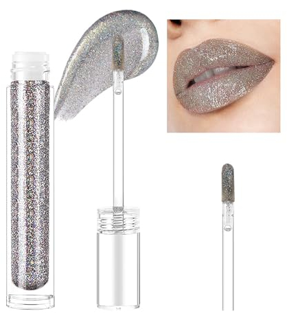 Prreal Glitter Lip Gloss, Shimmer Lip Plumper Gloss, Holographic Glitter Liquid Lipstick, Diamond Pearl Shine Lip Glaze, Non-Sticky Long Lasting Chameleon Laser Lip Eyeshadow Makeup (01 Silver)