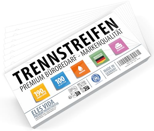 Förpackning med 100 perforerade avdelarremsor i vitt, 24 x 10,5 cm - Avdelarflikar 190 g - Robust skrift - Tillverkad i Tyskland - För ringpärmar - Avdelare för en person