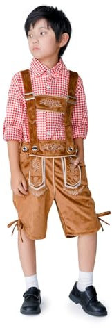 Lederhose kinder Tracht, Trachtenhose kinder Kurz Trachtenlederhosen für Jungen mit Passenden Trägern inkl.Trachten Hemden Bayerische Traditionelle Lederhosen Trachte Hose für Oktoberfest Outfit