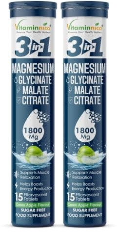Vitaminnica Magnesium 3-in-1-30 Effervescent Tablets Green Apple Flavour – High Absorption Magnesium Malate, Citrate & Glycinate – Energy, Muscle Function & Relaxation – Sugar Free