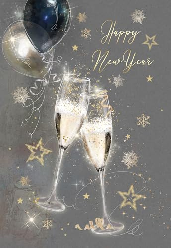 Cherry Orchard Happy New Year Card – Elegant Champagne Glasses and Balloons Design with Gold Foil Details – Includes Envelope – Luxury Celebration Greeting Card 21 x 14.3 cm