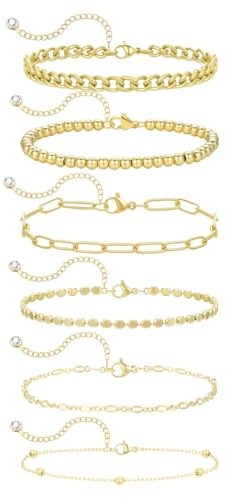 Emibele Bracciali Oro per Donne 14K Placcato Oro Set Bracciale Impilabile per Donne Regolabile Maglia Cubana Graffetta perla Bracciali Stratificati Delicato Bracciale Gold Stack