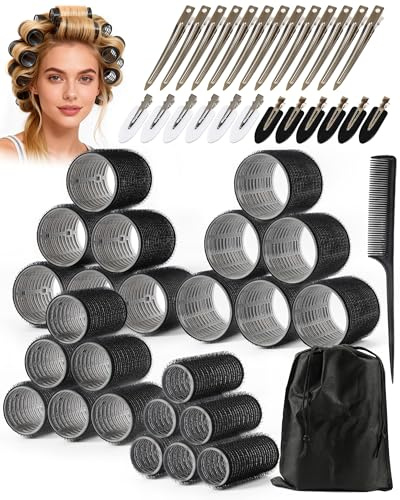 lulir Rulos Pelo Grandes Autoadhesivas 50 Piezas, Rulos para el Pelo Volumen 4 Tamaños(60/48/36/25mm), Hair Rollers con 24 Clips y Neceser, Rizadores sin Calor para Flequillo,Pelo Largo,Medio y Corto