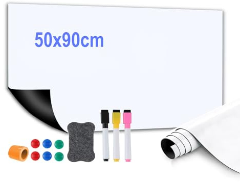 OELZWVN Magnetisk whiteboard folie, 50 x 90 cm magnetfolie självhäftande vit väggtavla med markör, bräda suddgummitejp utan självhäftande tavelfolie för vägg, dörr, kontor, hem