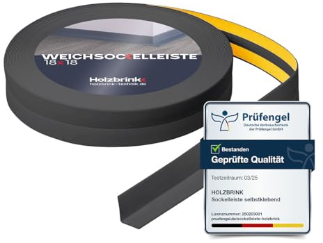 HOLZBRINK Plinthe souple autoadhésive gris foncé 18x18mm, 25 m | Plinthe PVC pour jonction plan de travail, bande joint salle de bain | Lame PVC adhesive
