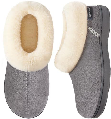 EverFoams Women's Fuzzy Plush Lined Slippers Cozy Memory Foam | thick faux leather upper,rubber outsole,indoor and outdoor,70D high density memory foam and additional EVA foam