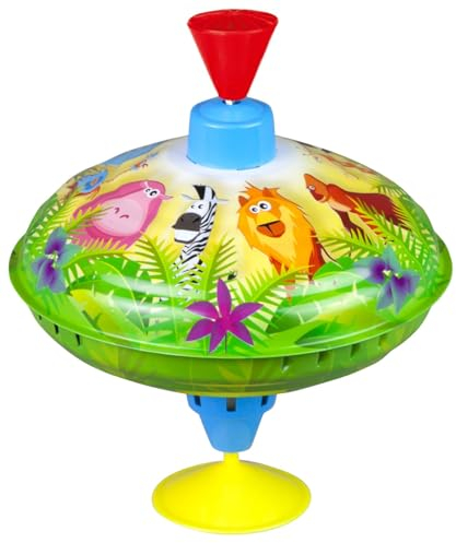 Lena 52263 Brummkreisel Dschungeltiere Ø 16 cm, Metall Schwungkreisel aus Blech, klassischer Pumpkreisel, Blechkreisel mit Tier Motiv, Kreisel mit Standfuss, Spielzeugkreisel für Kinder ab 18 Monate