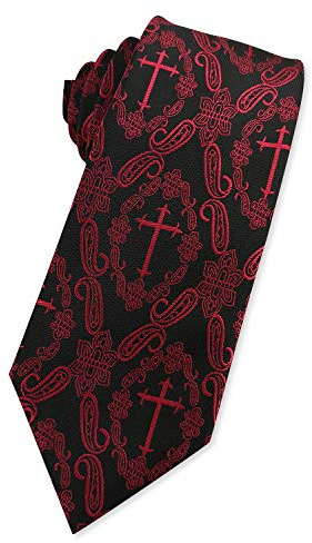 KOOELLE Mens Novelty Religous Necktie Christian Cross & Paisley Tie (Red & Black)