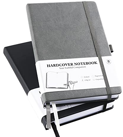 Notizbuch Dotted A5-2er Pack Punktraster Hardcover Bullet Grid Journal Dot Spiral, 120 g/m² Dickes Gepunktete Papier, 384 nummerierte Seite, 5.7 x 8.3 Inch (Schwarz + Grau)