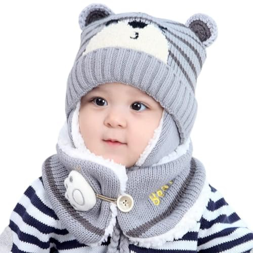 Uposao Warm Mütze und Schal Set für Jungen Mädchen 6-36 Monate, Unisex Baby Wintermütze Niedliche Bär Warm Gestrickter Mütze Schal Sets Beanies Hüte Schlupfmütze Plüsch Schalmütze Strickmütze,Grau
