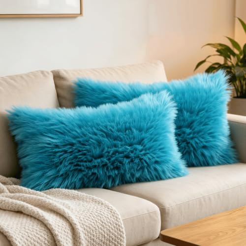 OYIMUA Soft Faux Fur Cushion Covers 30x50cm Teal Set of 2 for Sofa Bed | Fluffy Decorative Pillow Covers 12x20 for Living Rooms,Bedrooms,Offices,Machine Washable,Hidden Zipper,Fade-Resistant