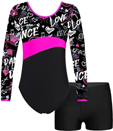 FEESHOW Mädchen Kinder Gymnastikanzug Bedruckte Turntrikot Ballett Gymnastikbody Gymnastikhose Shorts Sport Tanzoutfit Athletic Wettkampf Trainingsanzüge A_Rock&Rosa 134-140