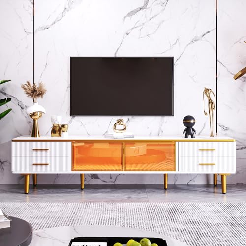 Merax TV Schrank, LED TV Lowboard mit 4 Schubladen, Moderner Fernsehtisch mit Zwei Türen, TV Tisch für Wohnzimmer und Esszimmer, Weiß, 170 x 37 x 47,5 cm