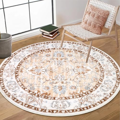 Enyhom Weich Teppich Rund 120 cm, Waschbar rutschfest Wohnzimmerteppich Robuster Flauschiger Boho Rund Teppiche Mandala Bedruckt Teppich für Schlafzimmer Esszimmer Küchen, Cremefarben