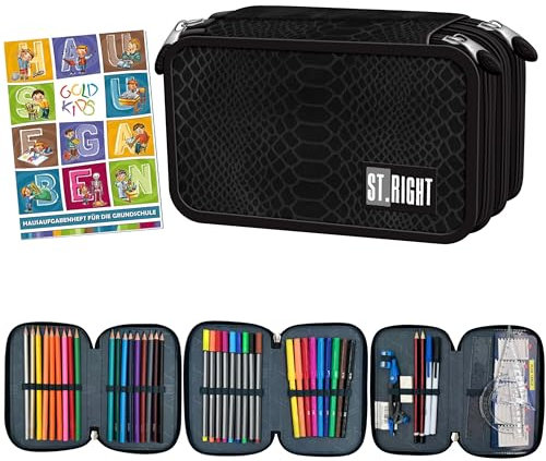Goldkids - Federmäppchen 3 Fächer - Mäppchen für Mädchen und Jungen - Federmappe 3-Fach Federtasche Gefüllte Schüleretui 46-teilig - Schulmäppchen und Hausaufgabenheft