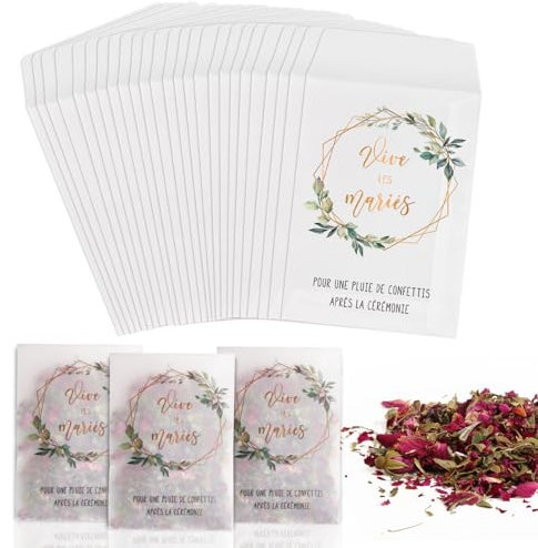 50pcs Sac de Confettis de Mariage 12x7cm Vive les mariés Imprimé Petits Sachets en Papier Glassine Sacs à Bonbons Sachet de Fleur de Pétale avec Ruban de Colle pour Mariage