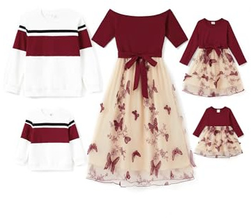 PATPAT Familien Outfit Set Langarm - Partnerlook Mutter Tochter Kleid Langarm T-Shirt & Mutter Kind Kleider Mama Tochter Kleidung für Herbst & Frühling, Rotwein, Damen: XL