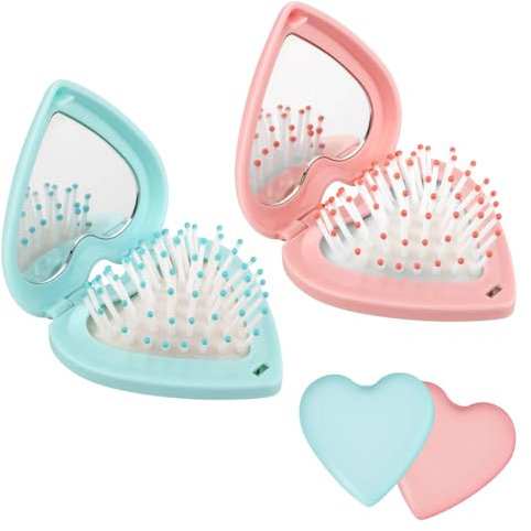 2pcs Brosses à Cheveux de Voyage Pliables, en Forme de Cour Mini Brosse à Cheveux Portable avec Miroir Taille Compacte Brosse à Cheveux de Poche pour Hommes Femmes et Filles(Bleu, Rose)