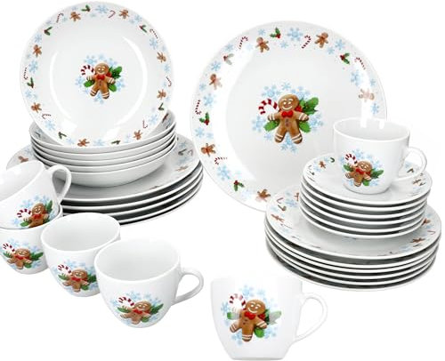 MamboCat Candyman Service de table 30 pièces en porcelaine avec décor de Noël pour 6 personnes I 6 assiettes plates, assiettes creuses, assiettes à gâteau, tasses et soucoupes