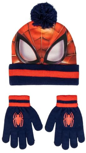Spider-Man Bommelmütze und Handschuh Set, Spiderman-Motiv, Wintermütze Beanie Onesize (52-54 cm), Spidey Mütze, kuschelig warm, Marvel Avengers (Rot, 52-54)