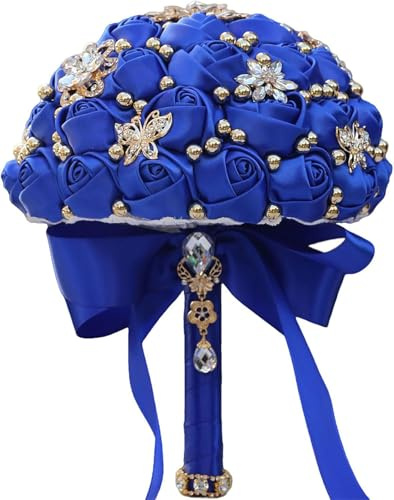 Genérico Ramo de Novia, Ramo de 21 cm para Bodas, Flores Artificiales de Satén, Ramos Elegantes Quinceañera, Ramos de Novia Hechos a Mano con Strass y Perlas,Royal Blue