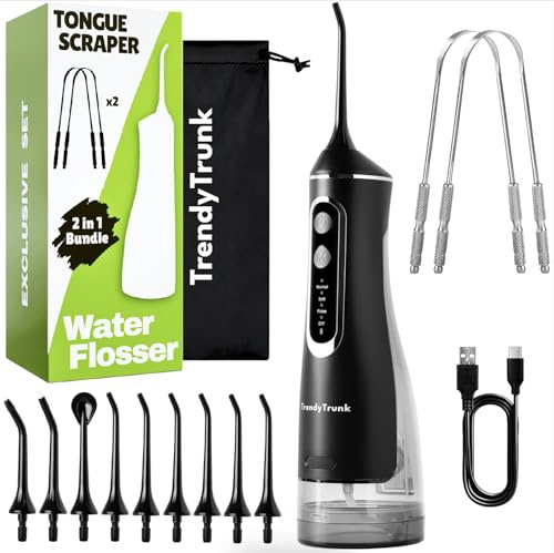 TrendyTrunk Water Flosser with Metal Tongue Scraper - 320ML Water Flossers for Teeth with 5 Modes, 9 Jet Tips, USB-C Rechargeable, IPX7 Waterproof for Home & Travel - 2Pcs Tongue Scrapers for Adults
