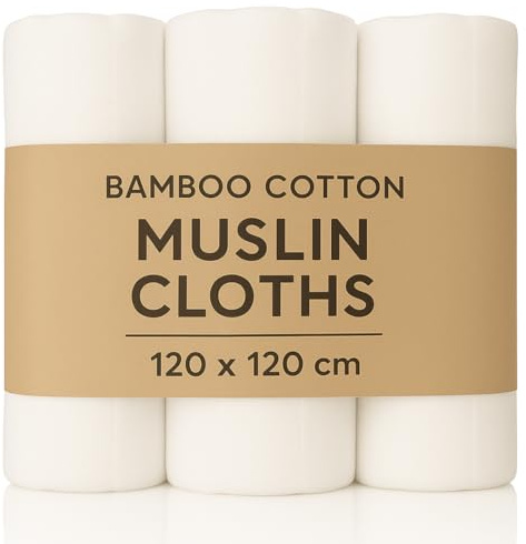 Alimos Panni in mussola di cotone e bambù biologico, morbide e delicate per bambini, multiuso, per ruttino e allattamento (bianco, 120 x 120 cm)