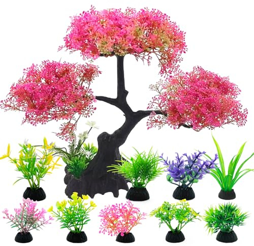 SLOCME Ensemble de décoration pour aquarium en forme de cerisier rose – 10 pièces de plantes artificielles en plastique pour aquariums, accessoires de cachette pour poissons combattants et poissons