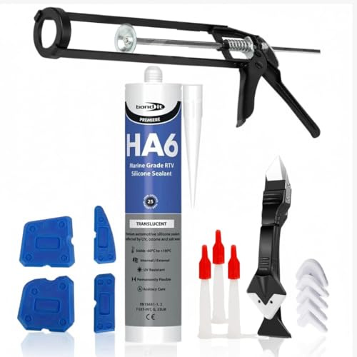 BOND IT HA6 310ml Marine Grade Clear Silicone Sealant Waterproof Aquarium Silicone Kit Bundled with Clear Sealant, Caulking Gun, Smoothing Tools, Remover & Nozzles for Pond Liner & Outdoor repairs.