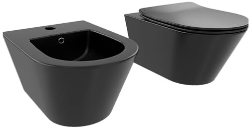 Coppia Sanitari Sospesi Vaso WC Rimless Con Tornado Flush E Bidet Sospeso Design Moderno Tondo In Ceramica Con Copriwater Chiusura Soft Close Rallentata (Nero Opaco)