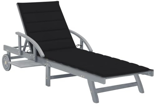 QZZCED Lettino da giardino in legno di acacia massiccio, con cuscino e tavolo estraibile, schienale regolabile e 2 ruote, per piscina, patio o balcone, mobile da esterno robusto e stabile