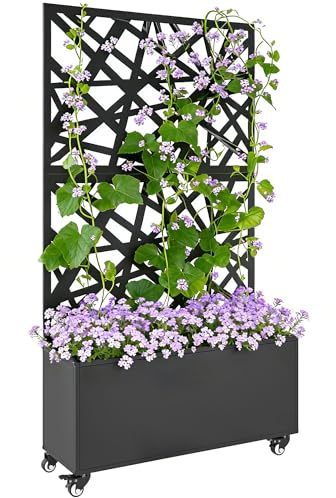 Outsunny Jardinière avec Treillis, bac à Fleurs, lit surélevé avec Brise-Vue et roulettes verrouillables, Motif de découpes irrégulières, pour Plantes grimpantes, légumes, métal, 90x30x160cm, Noir