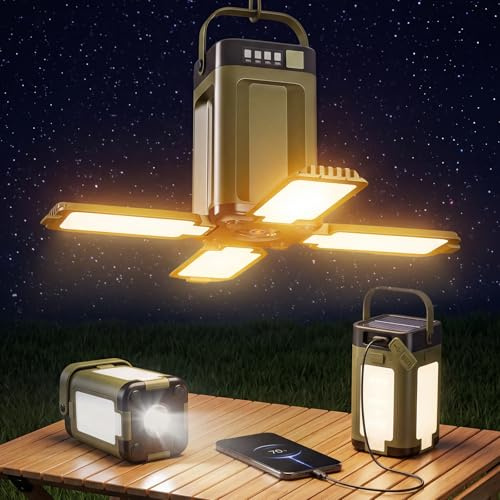 LIAISIMI Lanterne Camping Rechargeable USB et Solaire, Lampe Camping LED Pliable, 6 Modes d'éclairage, 10H+ d'autonomie, Étanche IPX4, Eclairage Portable Lampe Tente pour Pêche, Randonnée, Urgence
