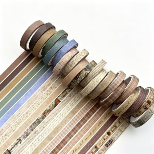 Omnikryp 20 Rollos Cinta, Vintage Washi Tape, Decorativa Cinta Washi, Pintura Papel Cintas, Fácil de Cortar Cintas Adhesivo, para Suministros de Diario, Manualidades, Albumes de Recortes