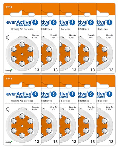 everActive 13, 60 Stück, Hörgerätebatterien, hohe Leistung, Zink-Luft-Batterien, 10 Blisterkarten, 4-jährige Haltbarkeit, orange, Ultrasonic PR48