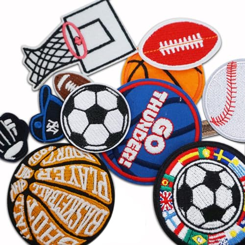 Miwind - 12 toppe a forma di pallone da basket, tennis, rugby, calcio, termoadesive, per jeans, vestiti, giacche, zaini, sciarpe, cucito, fai da te