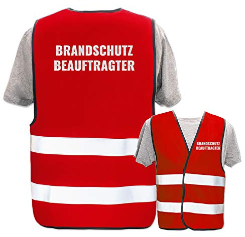 Bedruckte Warnwesten mit ISO-Leuchtstreifen * Standard- oder Reflex-Druck * Erste Hilfe und Brandschutz, Begriff:Brandschutzbeauftragter (Reflektierend), Farbe + Größe:Rot (M/L)