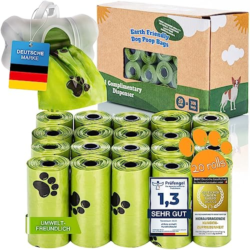 BI0 Hundekotbeutel mit Spender Kompostierbare Kotbeutel für Hunde mit Hundekotbeutelspender 100% Biologisch abbaubare Hundebeutel mit Leinen Halter (300 Beutel: 20 Rollen + 1 Spender)
