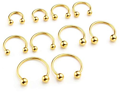 JSDDE 10pcs 16G Stainless Steel Horseshoe Nose Ring Hoop Circular Barbell Septum Lip Piercing Cartilage Earrings 6mm-14mm Gold