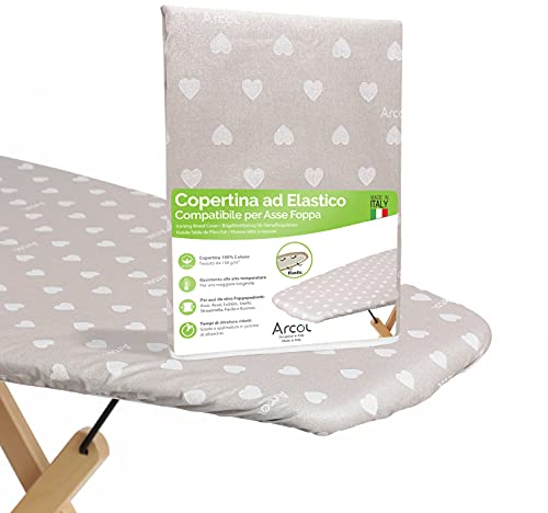 ARCOL Copriasse da Stiro ad Elastico Compatibile per Asse da Stiro Foppapedretti - Made in Italy - Ricambio Copertura asse da Stiro 100% Cotone - Telo asse da stiro (Copertina, Beige Cuori Bianchi)