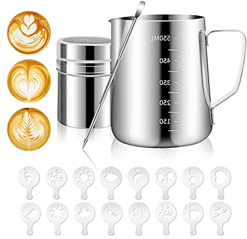 PROKITCHEN Stainless Steel Milk Frothing Pitcher 20oz/600ml for Milk Cappuccino Coffee Stencils Latte Art, Milk Jug Cup with Decorating Art Pen, Powder Shaker, 16 Pieces Coffee Decorating Stencils